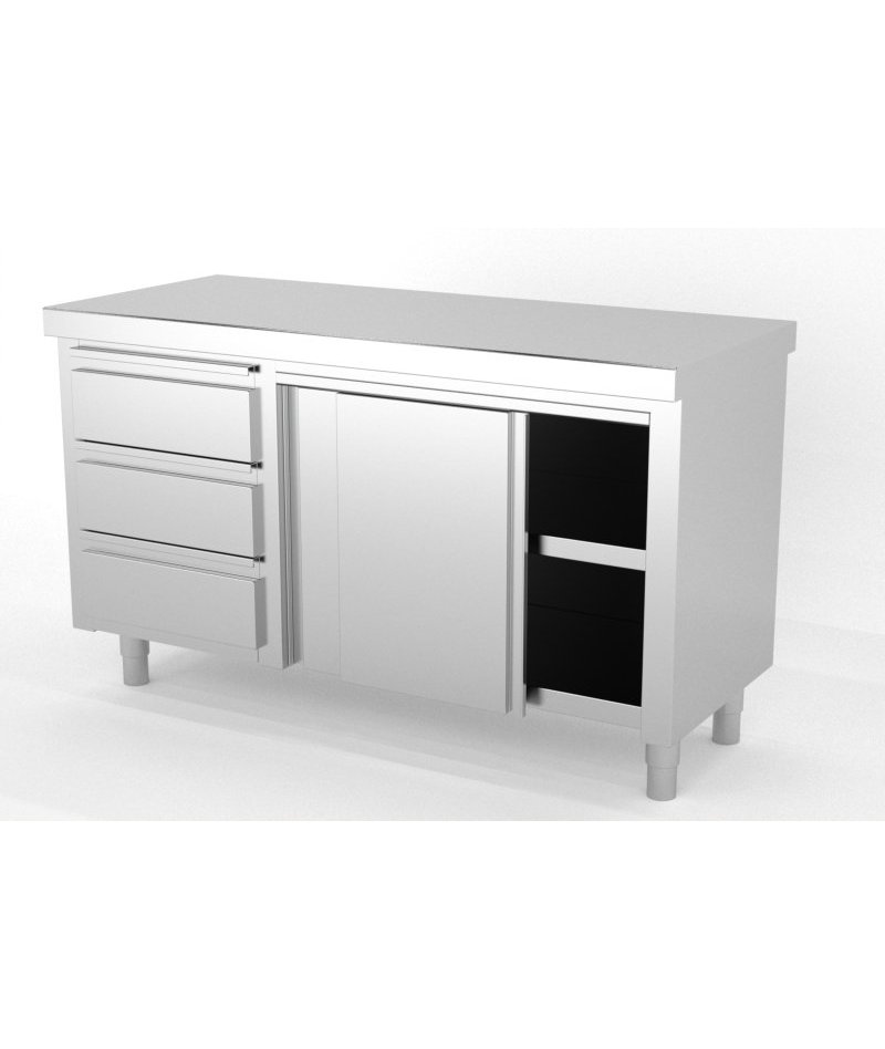 Mueble neutro central con puertas correderas con módulo de 3 cajones a la izquierda - Fondo 700
