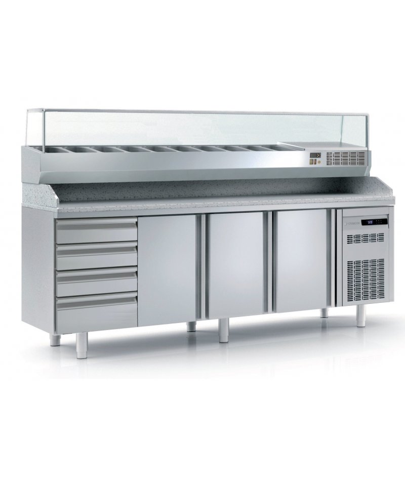 Mesa fría para pizza de 3 puertas más cajones 40x60