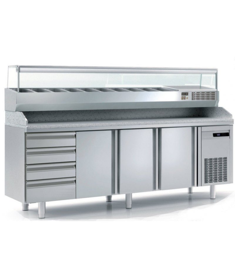 Mesa fría para pizza de 3 puertas más cajones 1/1