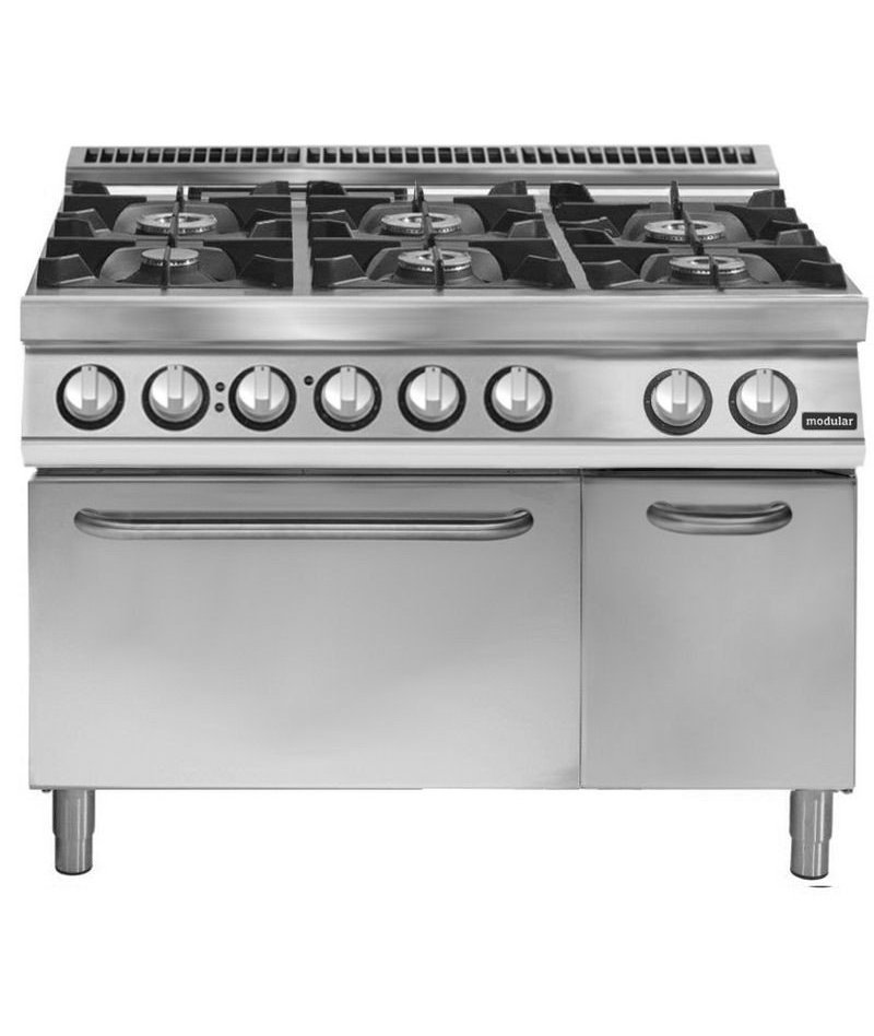 Cocina a gas de 6 fuegos sobre horno eléctrico GN 2/1 Fondo 700 Pratika