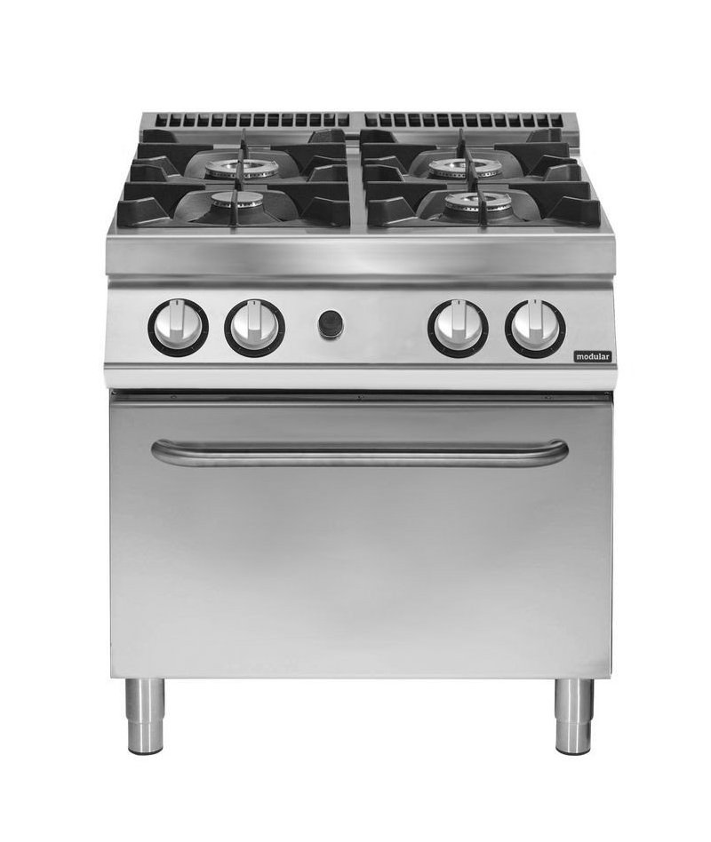 Cocina a gas 4 fuegos sobre horno gas GN 2/1 Fondo 900 Pratika
