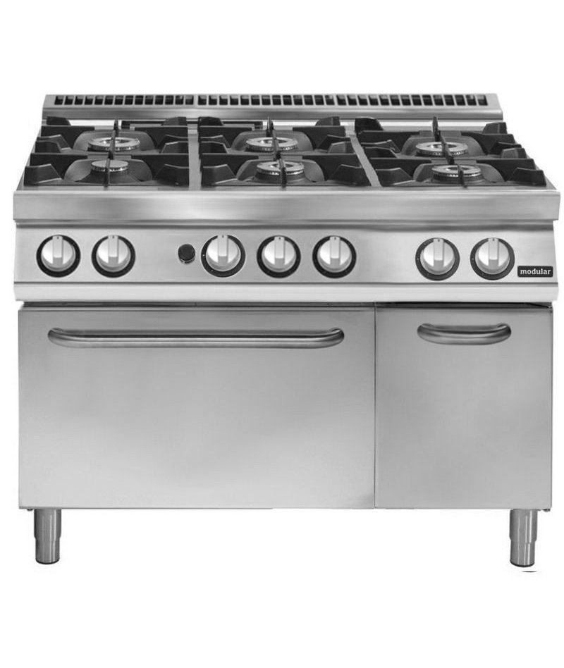 Cocina a gas 6 fuegos sobre horno gas GN 2/1 Fondo 900 Pratika