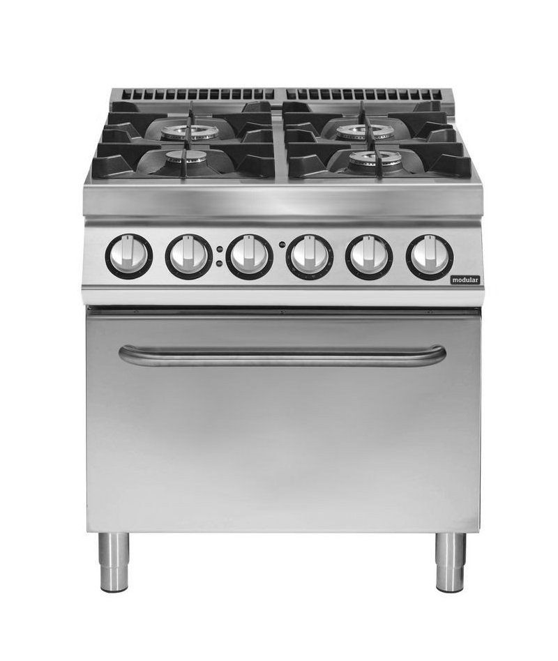 Cocina a gas 4 fuegos sobre horno eléctrico convección GN 2/1 Fondo 900 Pratika