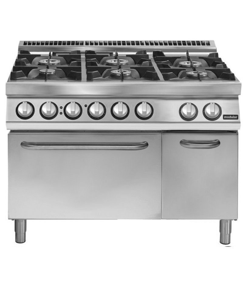 Cocina a gas 6 fuegos sobre horno eléctrico convección GN 2/1 Fondo 900 Pratika