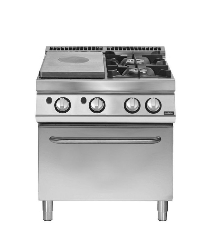 Placa radiantes a gas con horno gas GN 2/1 + 2 fuegos Fondo 900 Serie Pratika