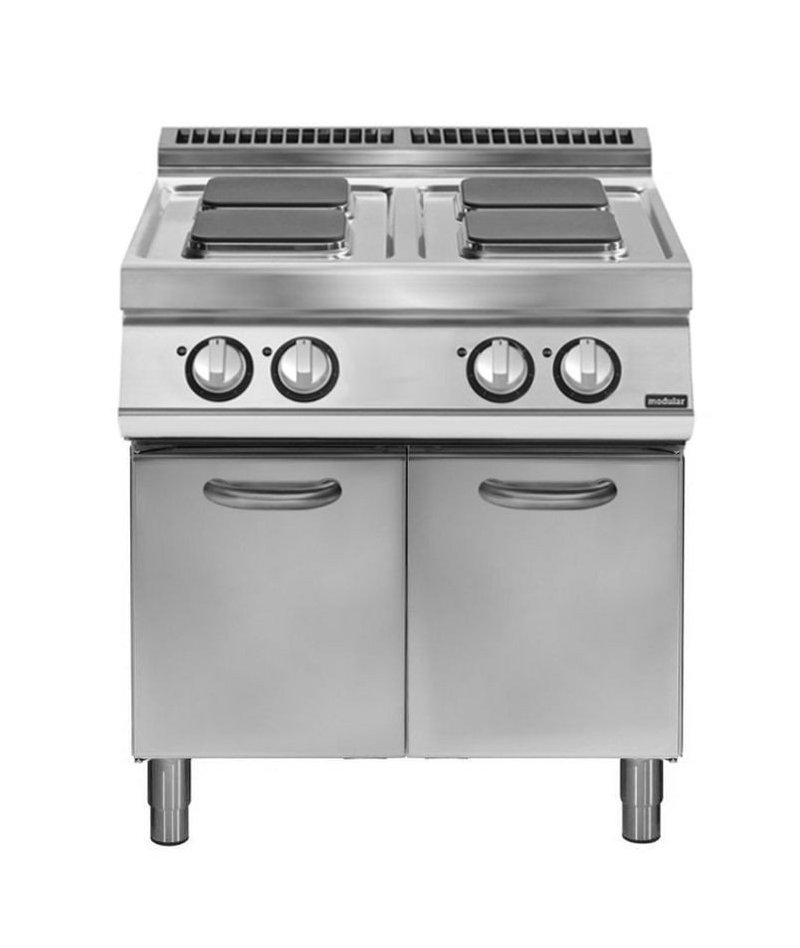 Cocina eléctrica sobre base con puertas 4 fuegos cuadrados Fondo 700 Pratika