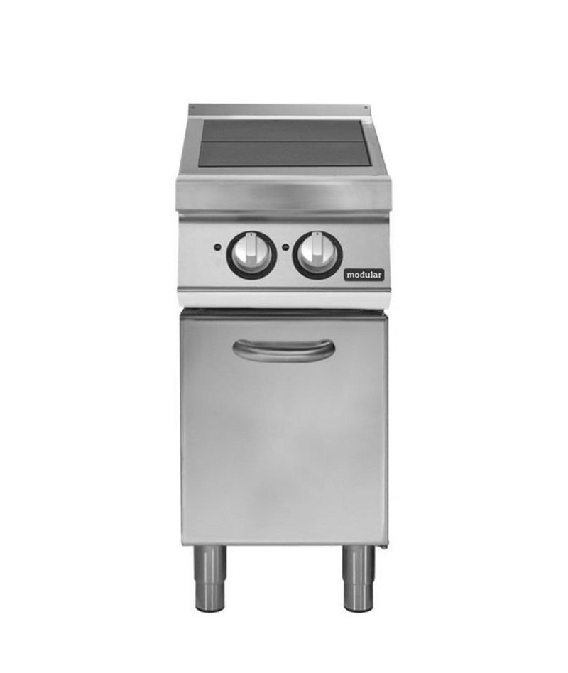 Cocina eléctrica con 2 planchas basculantes sobre base con puerta Fondo 900 Pratika