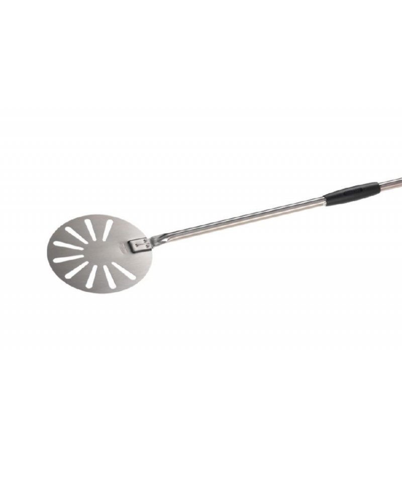 Paletino para horno de pizza redonda perforada en acero inox de 20cm de diámetro y mango de 150cm