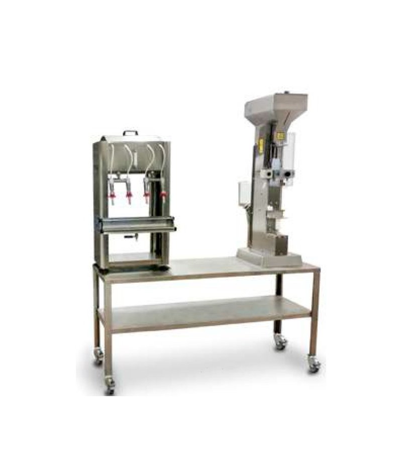 Sistema compuesto de llenadora de botellas + taponadora neumática con carga tapones manual