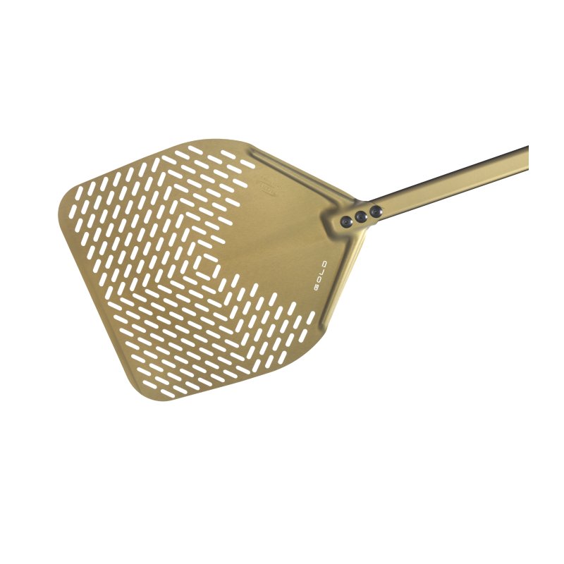 Pala para horno de pizza en aluminio Gold rectangular y perforada de 36cm y mango de 150cm