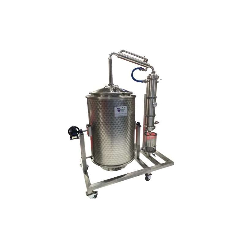 Destilador de aceites esenciales industrial con cuba basculante de 250Lt y carro para flores, hierbas y frutas