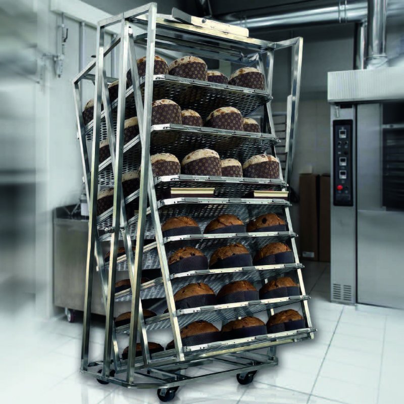 Carro para Panettone y Colomba giratorio con bandeja de 80x60 en acero inoxidable para horno rotativo