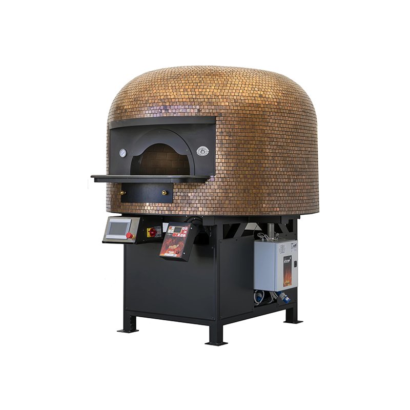 Horno giratorio para pizza Napolitana a leña, gas, pellets o combinado. Mosaico cobre