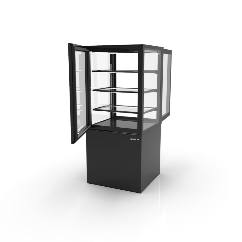 Vitrina neutra Integra IN60/80-140NA-B negra con estantes de cristal y luz LED para productos sin refrigeración