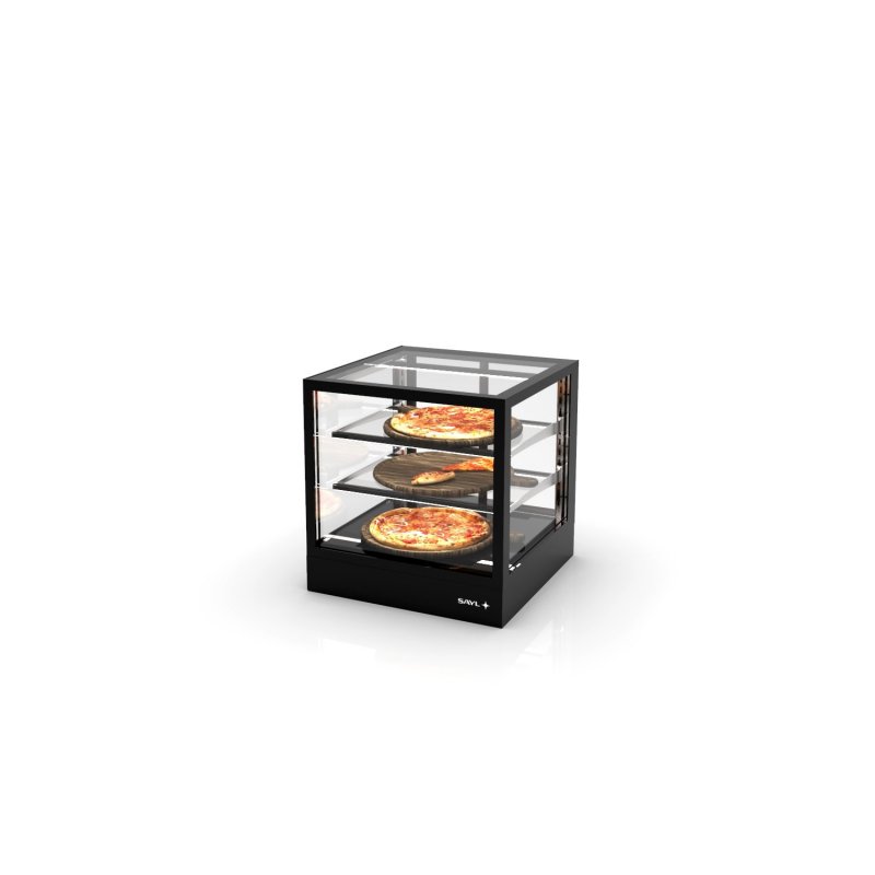 Vitrina sobremostrador IN60-60C -B- negra con calor seco, 2 estantes regulables y puertas correderas traseras