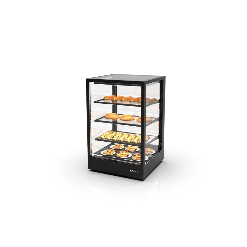 Vitrina sobremostrador IN60-90C -B- negra con calor seco, 3 estantes regulables y puertas correderas traseras