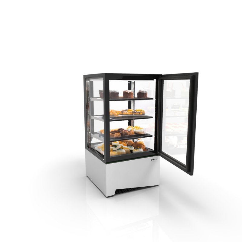 Vitrina IN60-115A blanca sobremostrador refrigerada con 3 estantes, puertas correderas, LED y control táctil