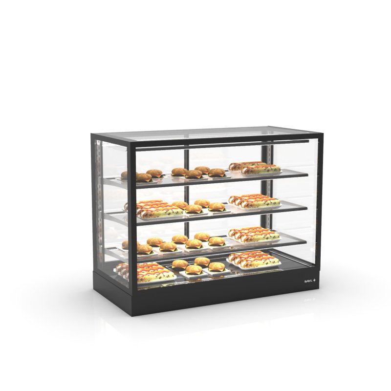Vitrina sobremostrador calor seco IN120-90C-B- negra con 3 estantes regulables y cristal templado profesional