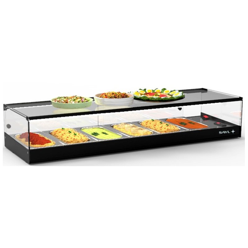 Vitrina caliente sobremostrador negra Tapas Baño María CLO6BL para 6 GN 1/3, calor húmedo 80°C