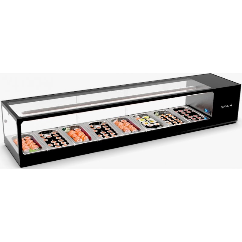 Vitrina refrigerada para sushi Logic Sushi VTLG8S negra con puertas correderas y cristal de doble cámara