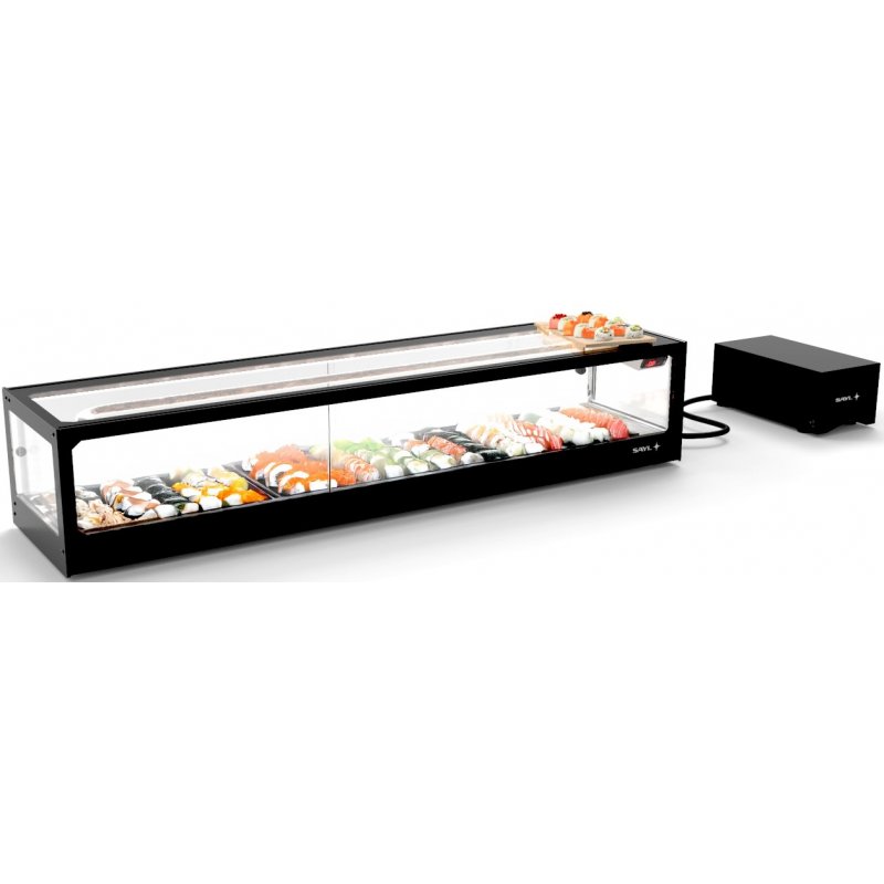 Vitrina refrigerada para sushi Logic Sushi VTLG8SGRP negra con grupo remoto y puertas correderas traseras