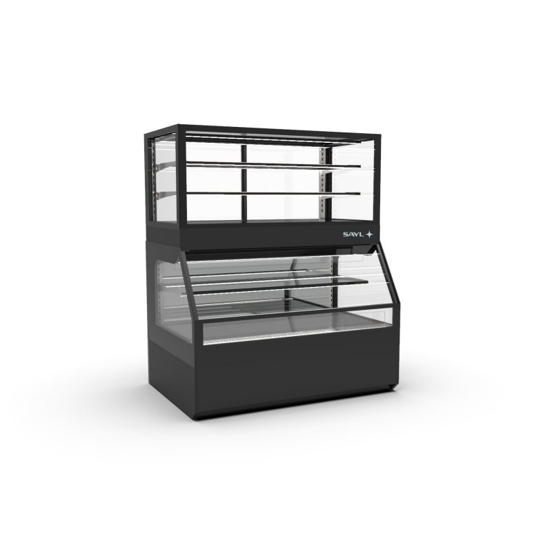 Vitrina Combi CON5F negra con frío ventilado, 3 estantes regulables y puertas ciega inferior + correderas superiores