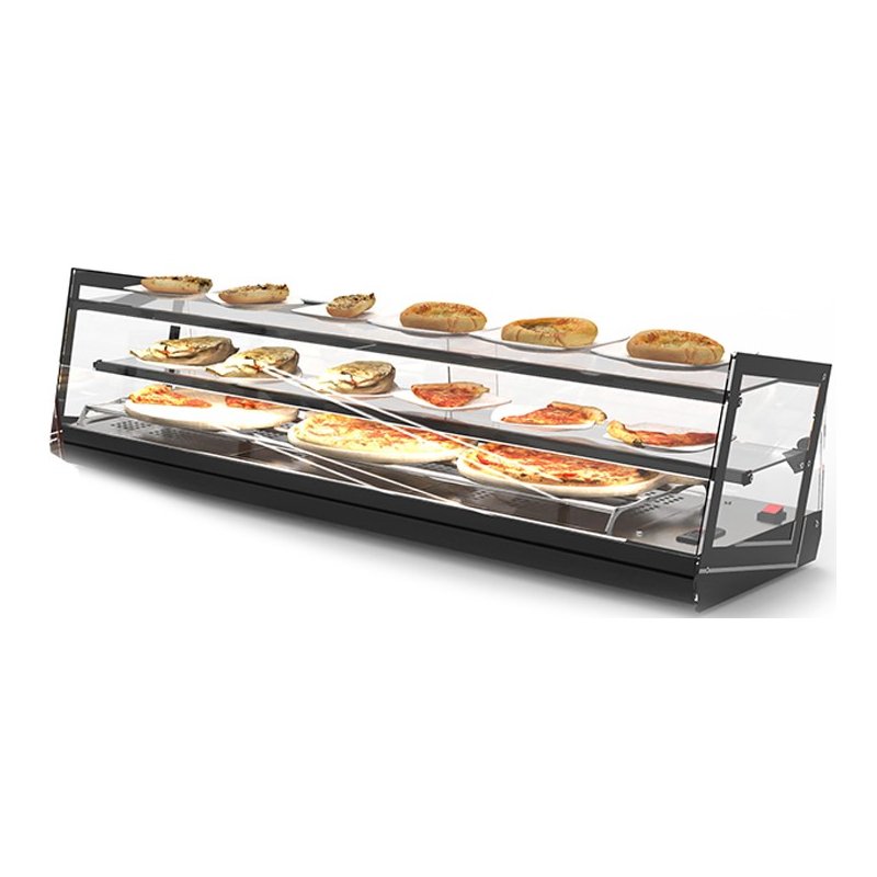 Vitrina caliente sobremostrador Kube SKU6L de triple exposición con calor seco, cristal templado y LED