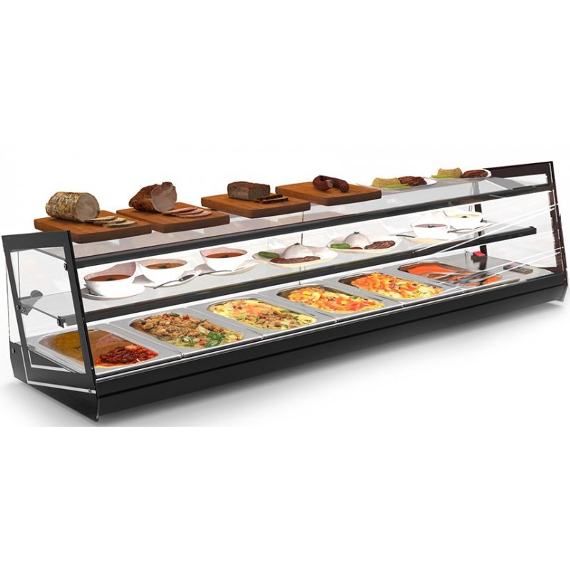 Vitrina caliente de sobremostrador Kube CKU6L de triple exposición con baño maría y diseño de cristal templado