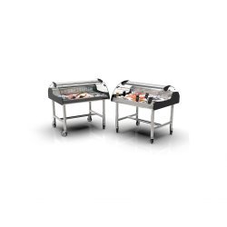 Vitrina refrigerada VX2-P azul para carnes y pescados, doble zona, cristal curvo templado y puertas correderas