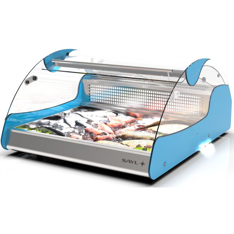 Vitrina refrigerada VX2-P azul para carnes y pescados, doble zona, cristal curvo templado y puertas correderas