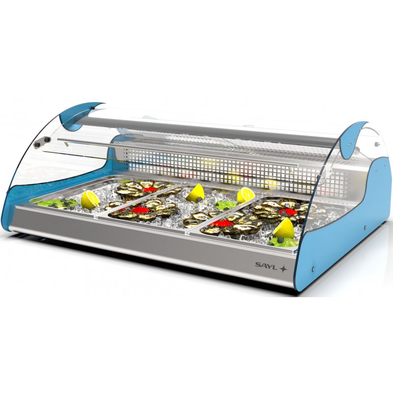 Vitrina refrigerada VX3-P azul para carnes y pescados, doble zona, cristal curvo templado y puertas correderas